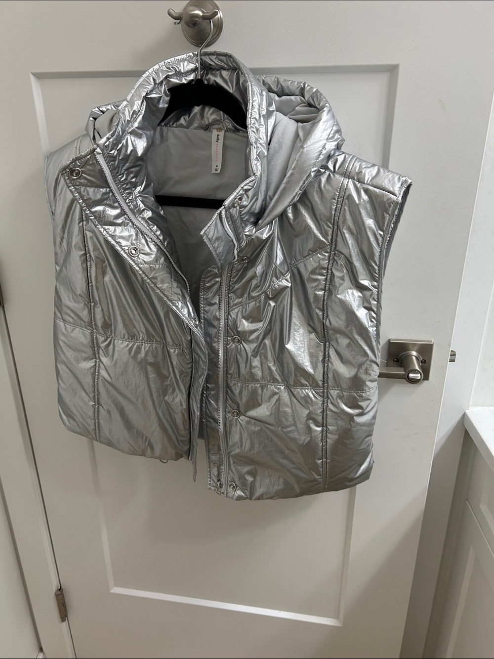 Metallic Silver Hooded Puffer Vest for Women